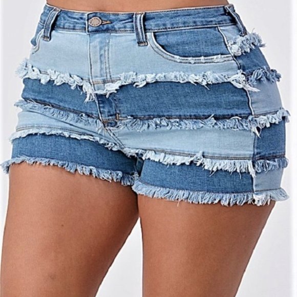 PLUS DENIM PATCHWORK SHORTS - Picture 1 of 5